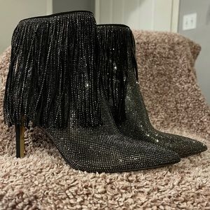 INC Women’s black pewter rhinestone glitter fringe heel booties NIB 9